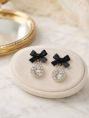 Black Bow Rhinestone Drop Earrings Coquette Balletcore Y2K Studs New